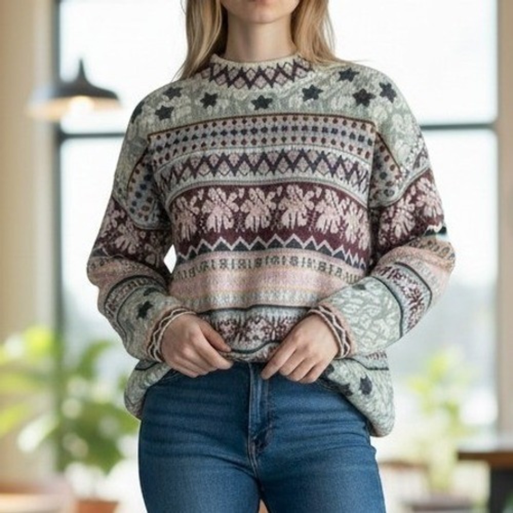 Vintage Middlebrook Park Floral Fair Isle Sweater M Pastel Grannycore Mock Neck